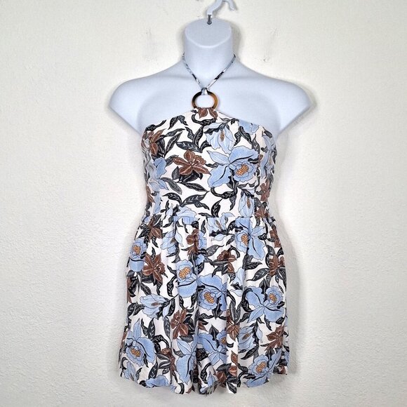 Old Navy  Coastal Floral Romper Sz L Halter Wide Leg Pockets Smocked Back Boho - Picture 1 of 16